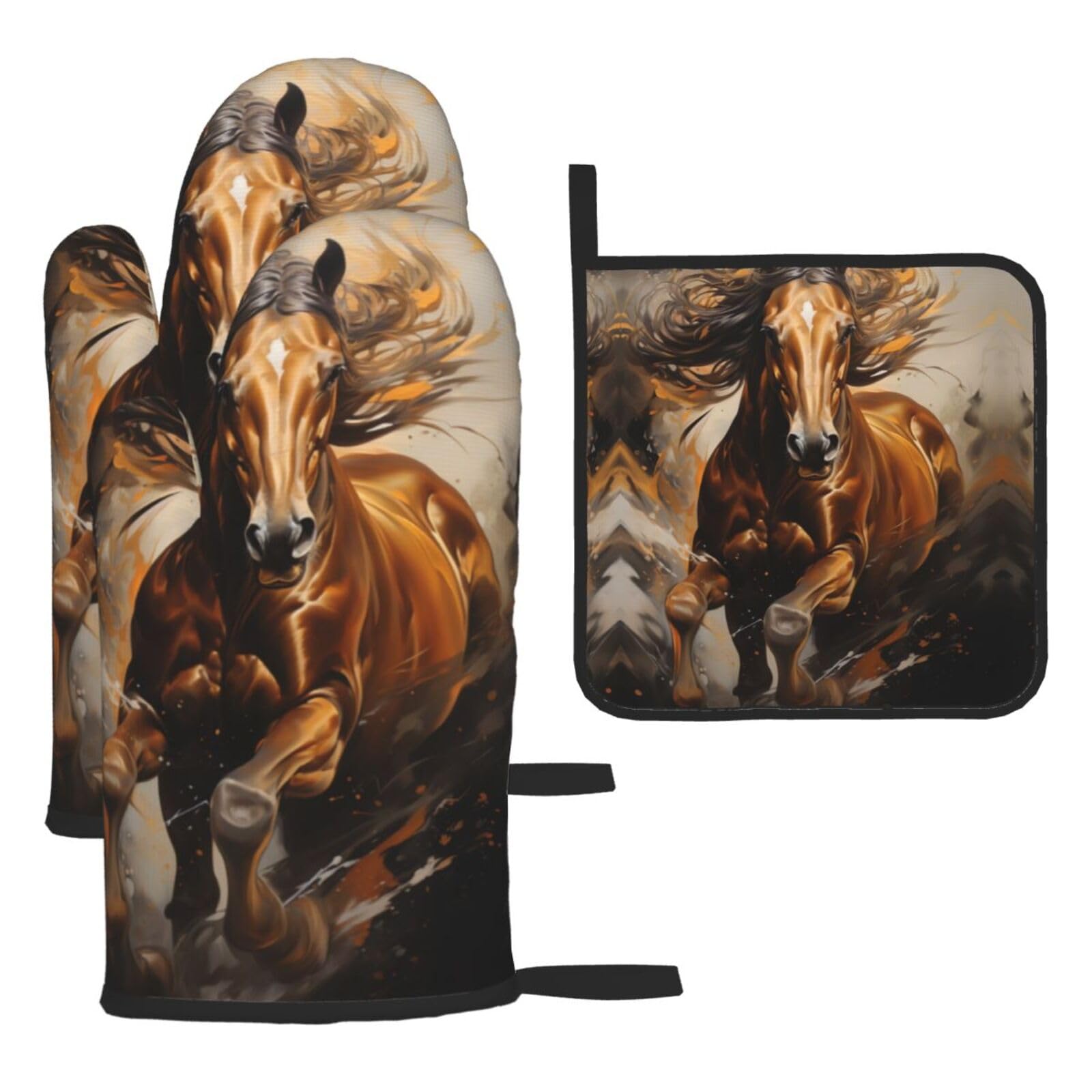 Running Brown Horse Oven mittens and oven mitts three-piece set suitable for oven, grilling, baking, microwave and home cooking.