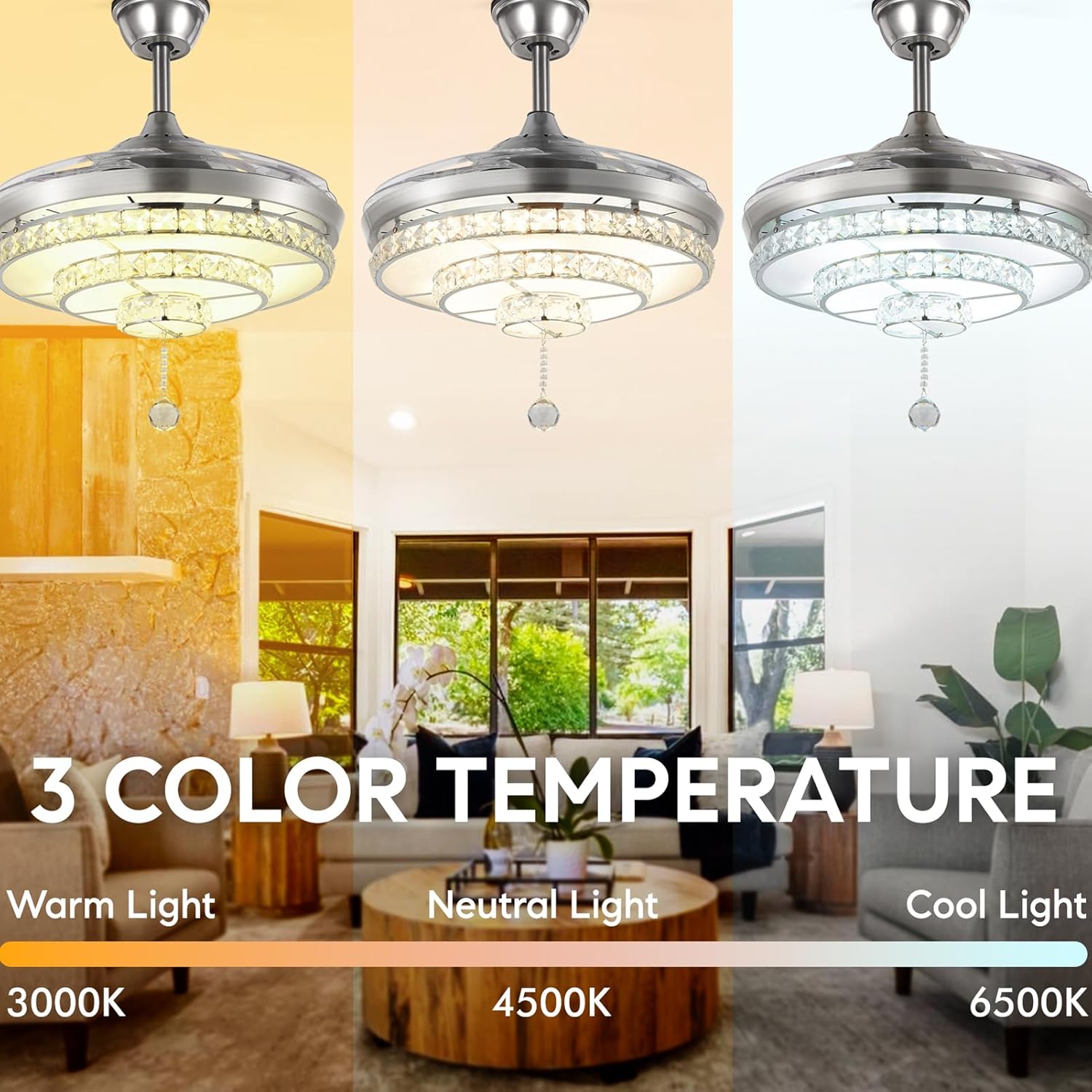 Crystal Ceiling Fan with Light and Remote,Chandelier Fan with 4 Retractable Blades,3 Light Change LED Indoor Ceiling Fans for Bedroom Living Room 36W 42 inch (Sliver)