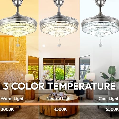 Miniatura 5 de Ventilador de techo de cristal con luz y control remoto, ventilador de araña con 4 cuchillas retráctiles, 3 ventiladores de techo LED de cambio de