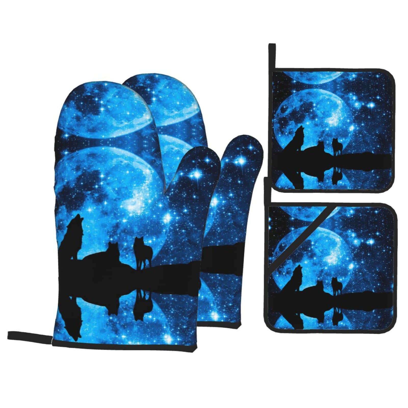 Wolfs Oven Mitt and Pot Holder 4-Piece Set for Kitchen, Outdoor Grill, Baking