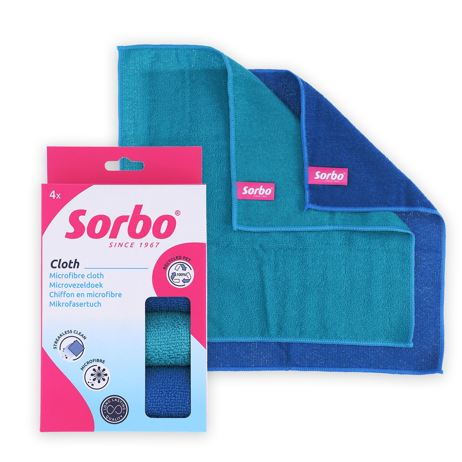 Sorbo Microfibre Cloths - Set of 4 - Recycled from PET Bottles - 35 x 35 cm - Streak Free Cleaning - Dry & Wet Use - For Kitchen, Bathroom & Household - Multicoloured