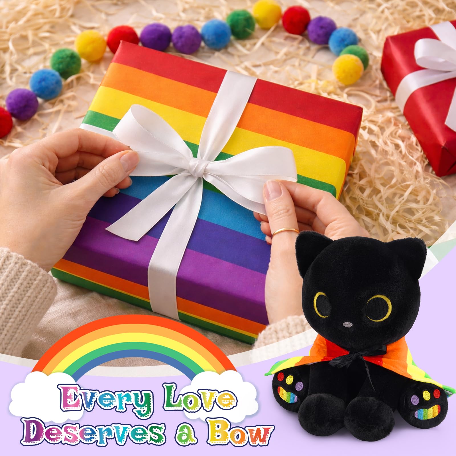 Gatto nero peluche Pride Month Gifts Decor, 20,3 cm carino gatto farcito animale con mantello arcobaleno rimovibile, abbracciabile Kawaii LGBTQ+ regalo per amici, amanti e alleati