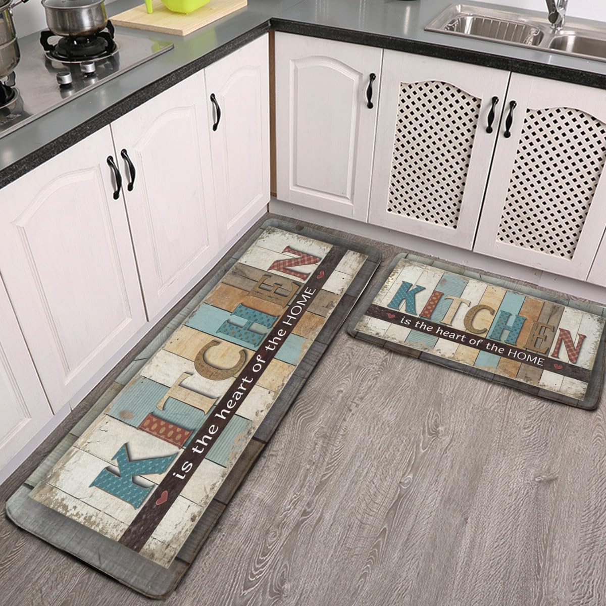 Wood Plank Unique Kitchen Mat [2pcs] Padded Anti-Fatigue Kitchen Rug, Waterproof Non-Slip Kitchen Mat and Rug for Kitchen, Floor Home, Office, Sink, Laundry Room 17" x 59"+17" x 30"