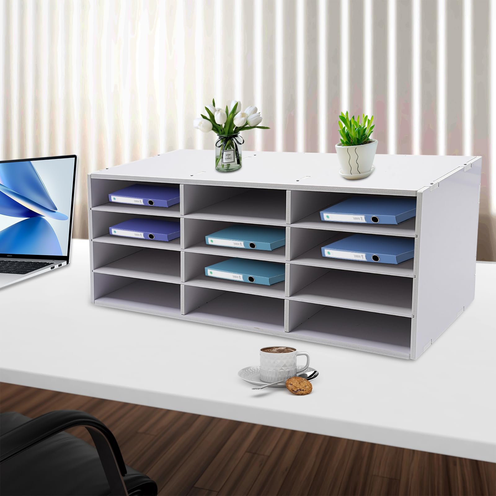 12 przegródek, organizer na dokumenty biurowe z PCW, wolnostojący organizer na biurko, półka na dokumenty, stojak na czasopisma, regał poziomowy, 80 x 30,8 x 30 cm (biały)