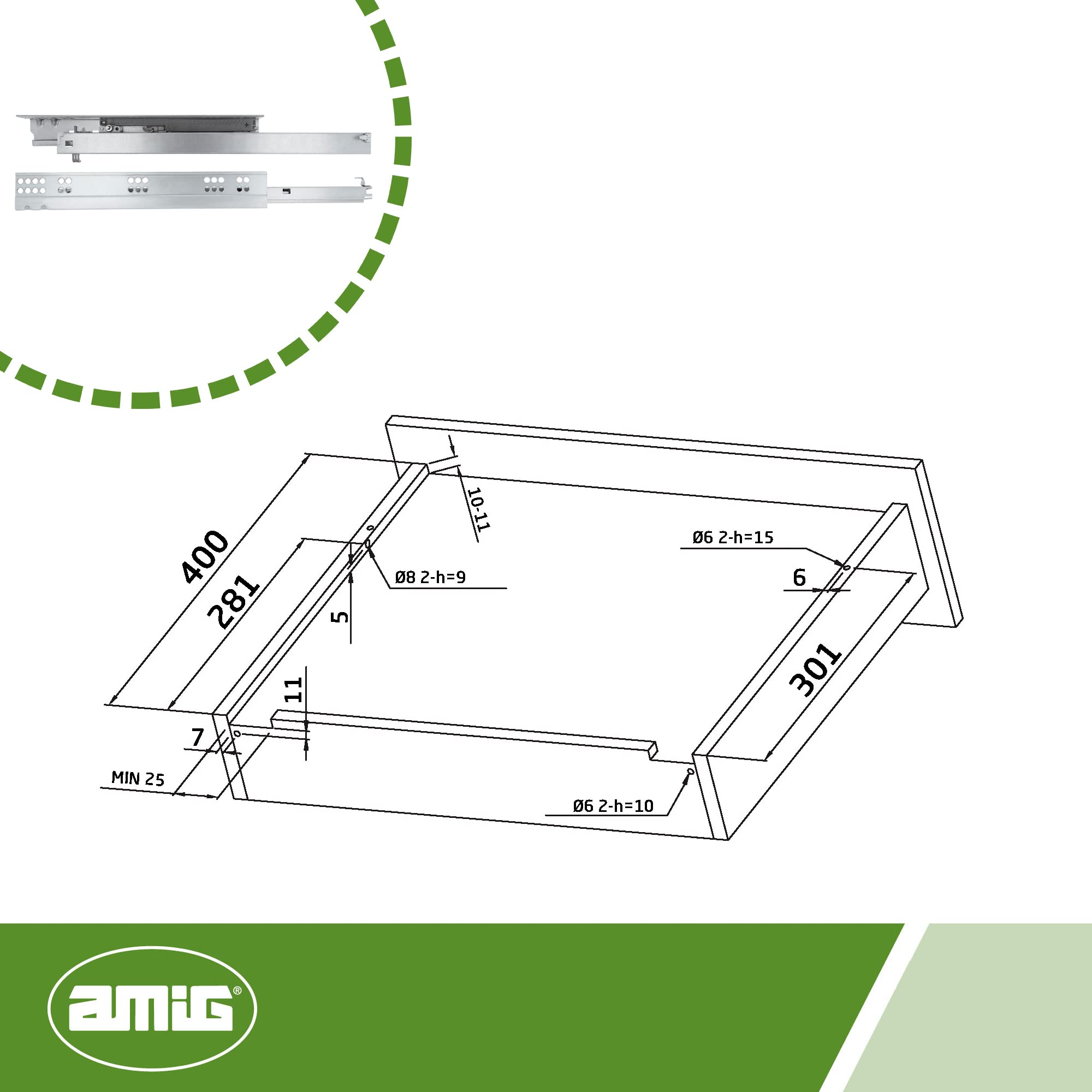 Amig - Set of 2 Mod.41 Zinc Plated Steel Sliding Runners for Furniture Chest of Drawers or Cabinets, Metallic Silver, 400 mm - Image 4