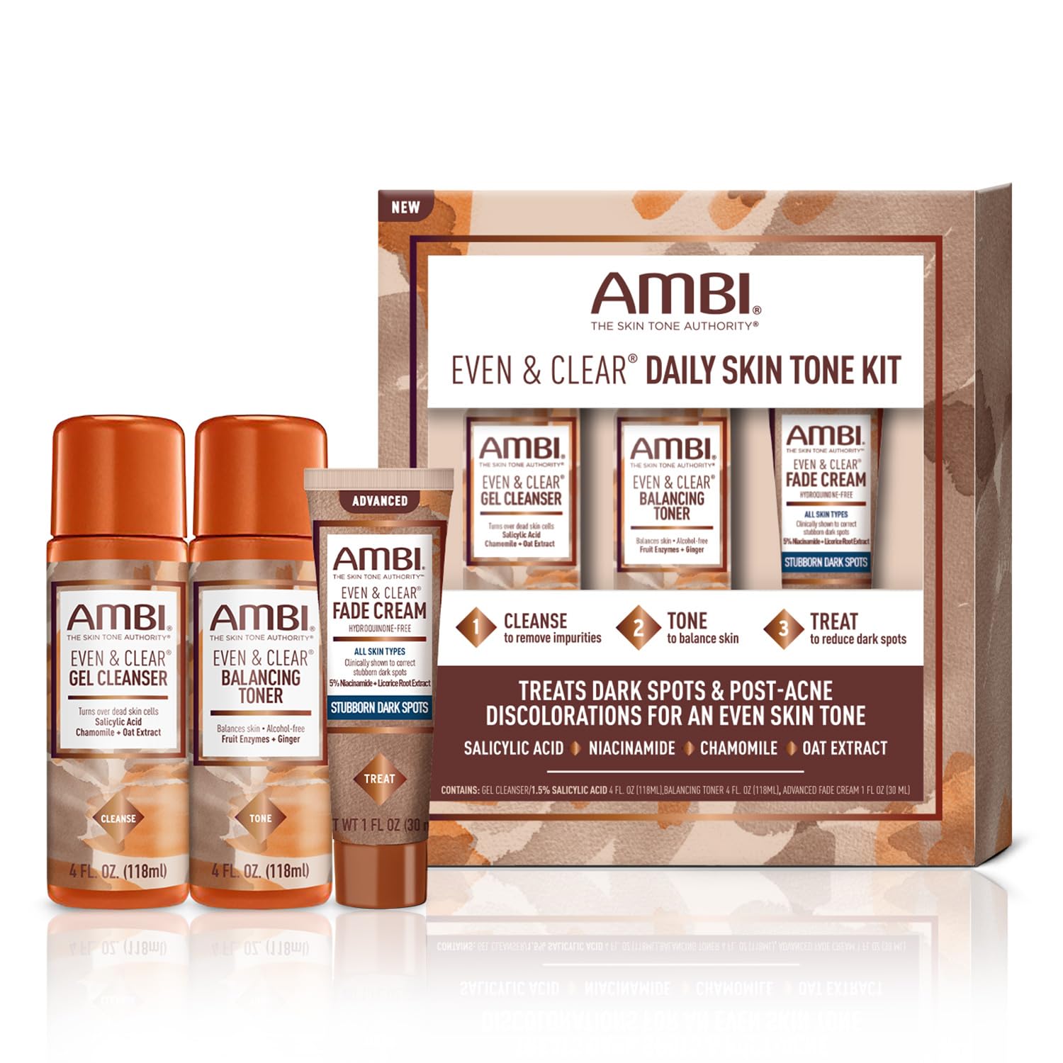 Ambi Even & Clear Daily Skin Tone Kit, 3-Step Regimen for Acne, Dark Spots & Uneven Tone, Cleanser + Toner + Advanced Fade Cream, Salicylic Acid + Niacinamide