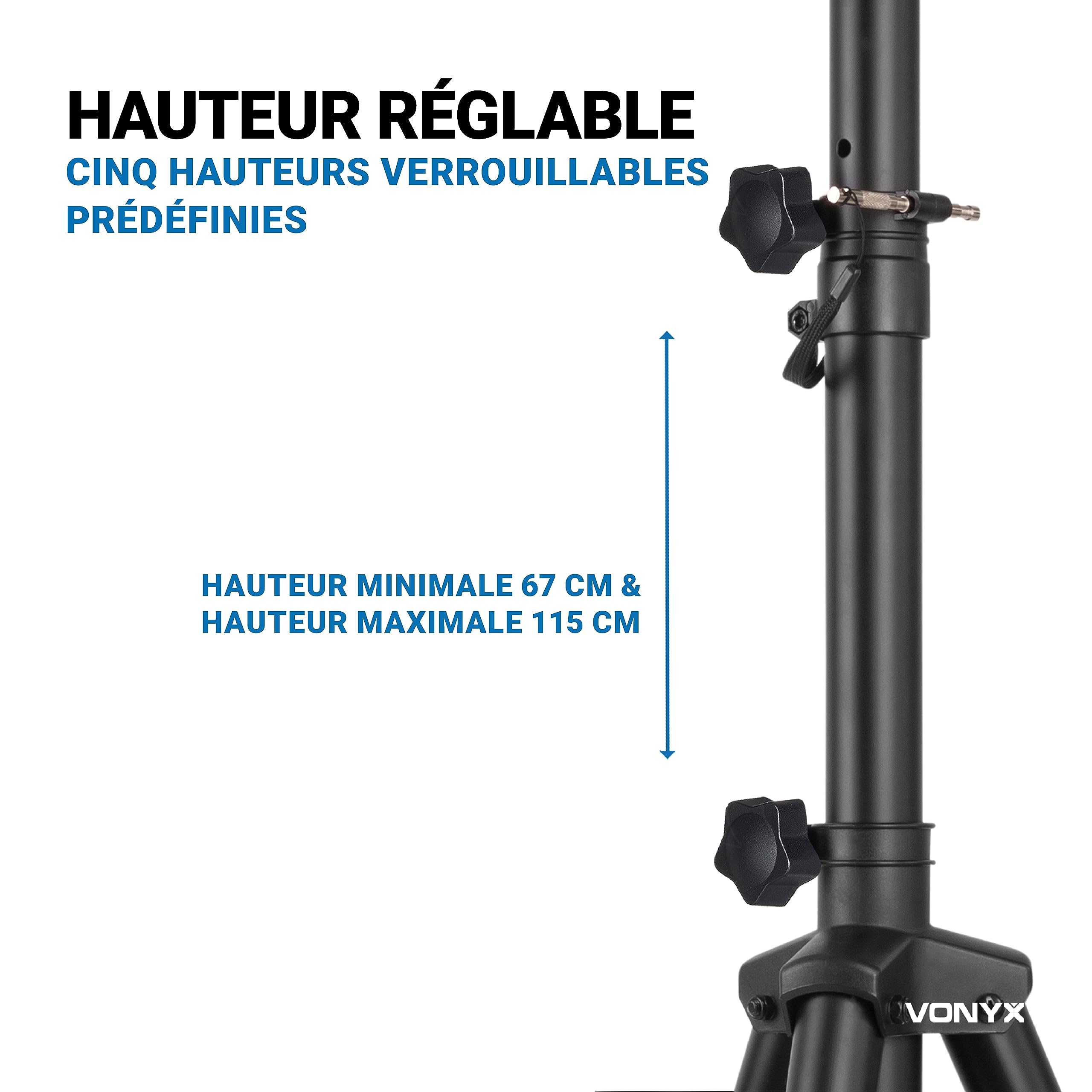 Vonyx LS02K Petits Pieds d'Enceintes en Métal, Noir, Insert 35mm, 5 Hauteurs Réglables Entre 66cm et 111cm, Système de Verrouillage de Sécurité, Charge Maximale par Pied 20 kg