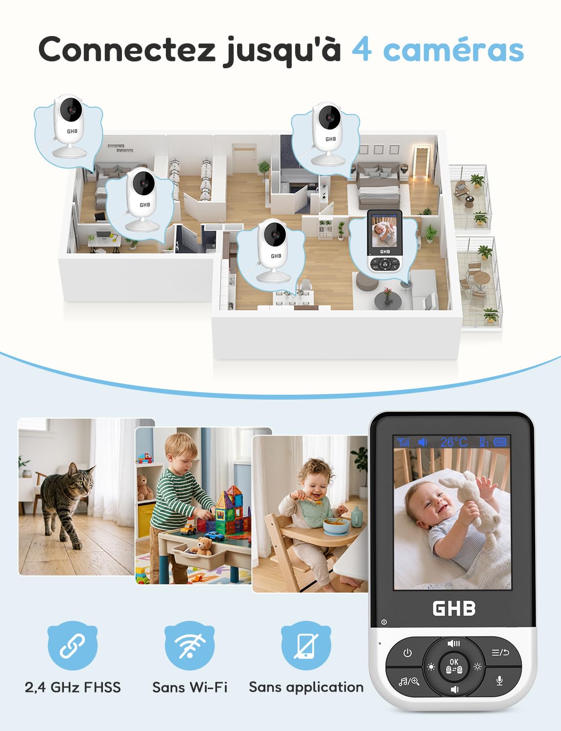 GHB Babyphone Camera Bebe Surveillance sans WiFi VOX Vision Nocturne Noir