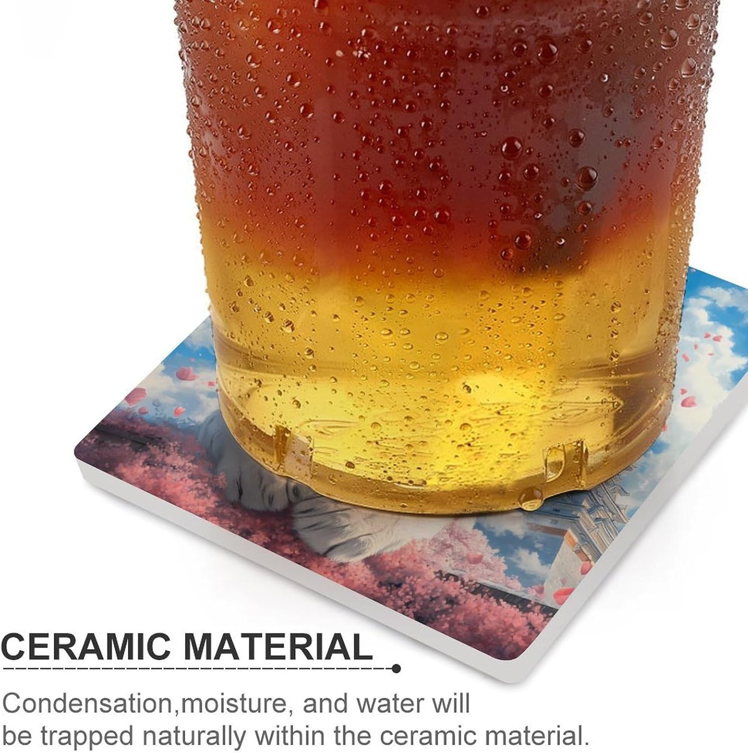 White Tiger Cherryflower Ceramic Coasters Set Square Drink Coasters Table Coaster for Kitchen Desktop Decor