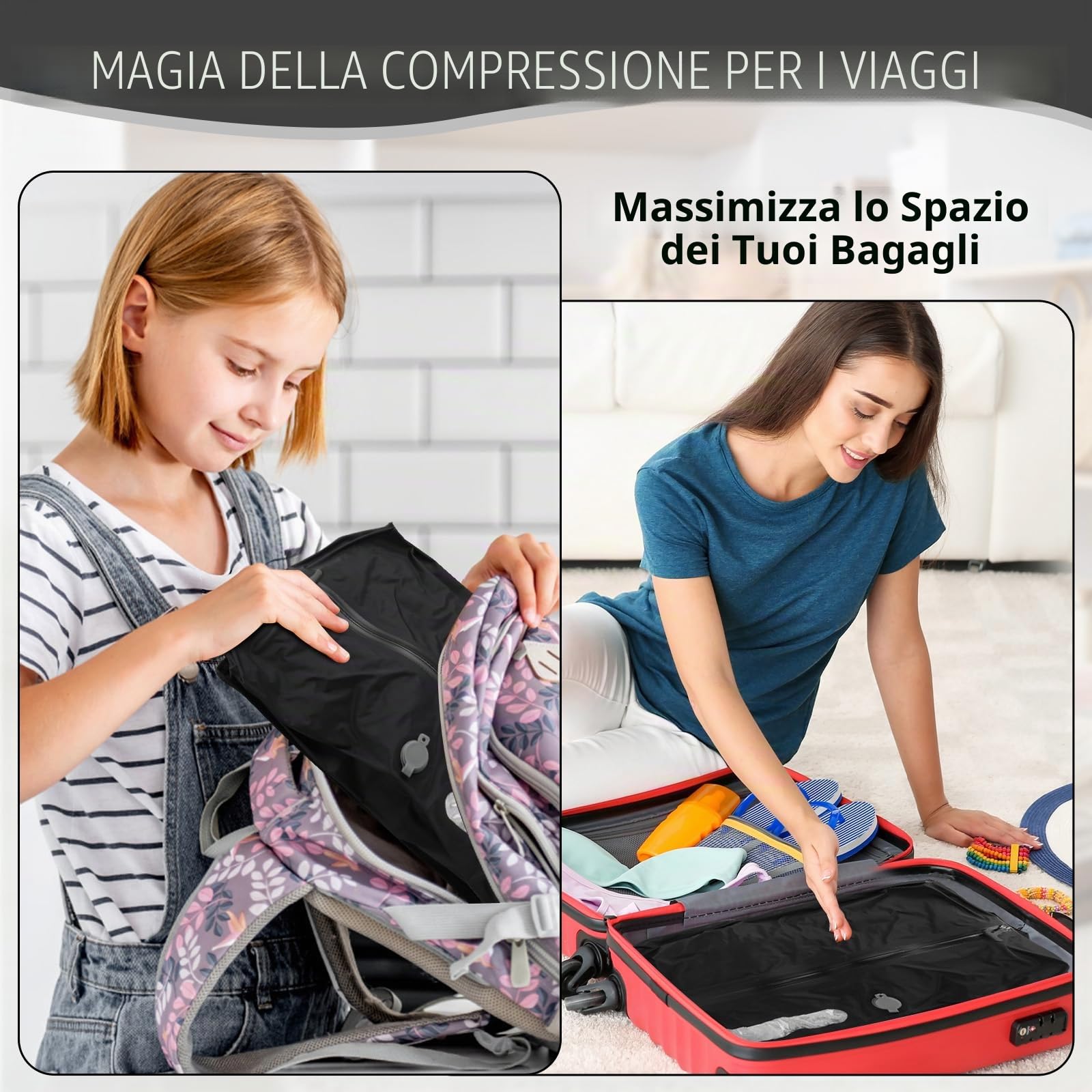 Sacchetti Sottovuoto Professionali da Viaggio con pompa senza fili, Ip67, Riutilizzabili, per Valigie e Zaini, Sacchetto Sottovuoto Salvaspazio, per Viaggi, Leggeri e Durevoli (1PC+Pompa)