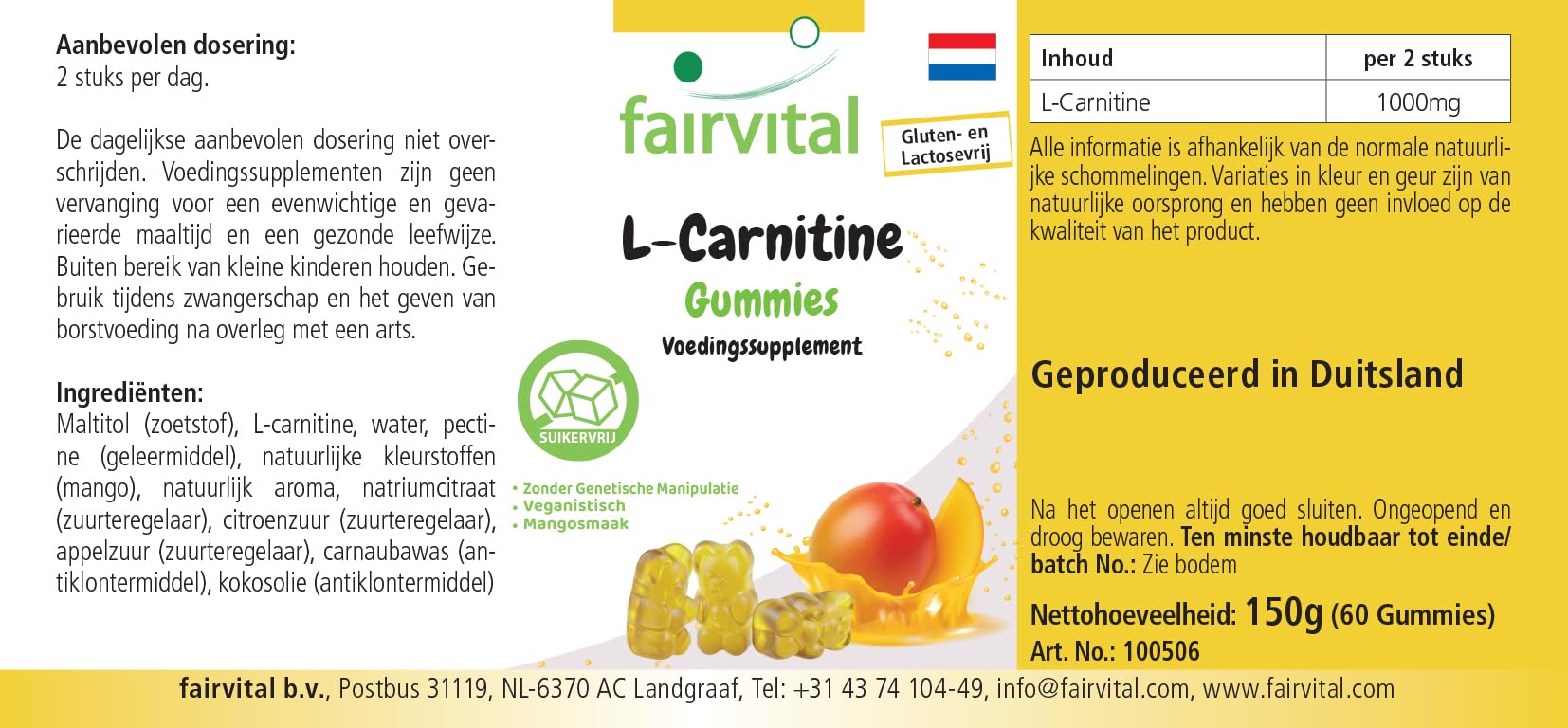 Fairvital | Żelki L-karnityna – 60 sztuk – 1000mg w dziennej dawce – smak mango – wysoka dawka – 100% wegańskie + bez cukru – sprawdzona jakość i wysoka dawka – wyprodukowane w Niemczech