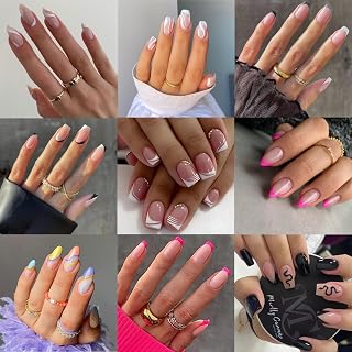 9 Packs Press on Nails Short, Jsiallye Swirl Press on Nails Almond And Square, Glue on Nails for Girl Nail Art, 12 Size of Fake Nails - 9 Styles Nail Kits