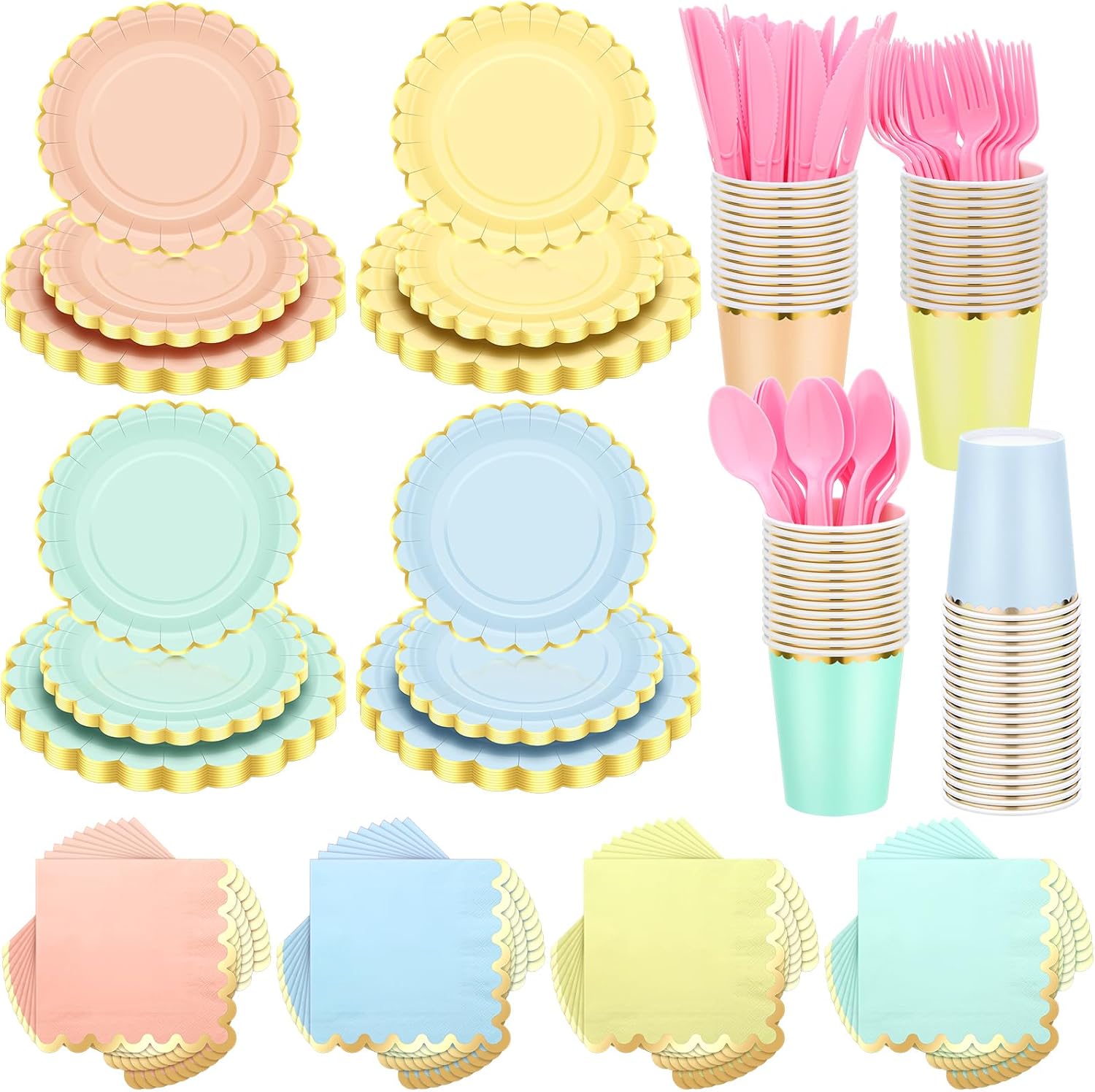 Yaomiao 336 Pcs Plates and Napkins Party Supplies Disposable Dinnerware Set Scalloped Plates Cups Napkin with Plastic Forks Knives Spoons Serve 48 Guests for Birthday Wedding