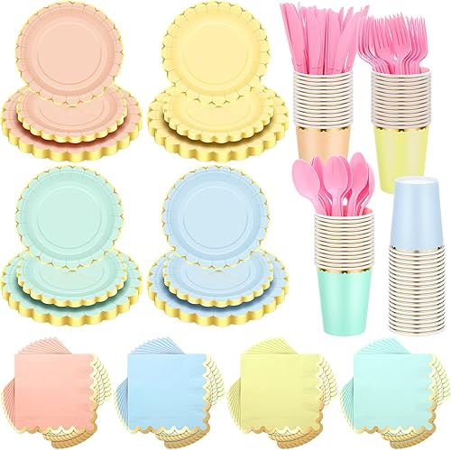 Yaomiao Juego de 336 platos y servilletas, suministros para fiestas, platos festoneados, vasos, servilletas con tenedores de plástico, cuchillos,