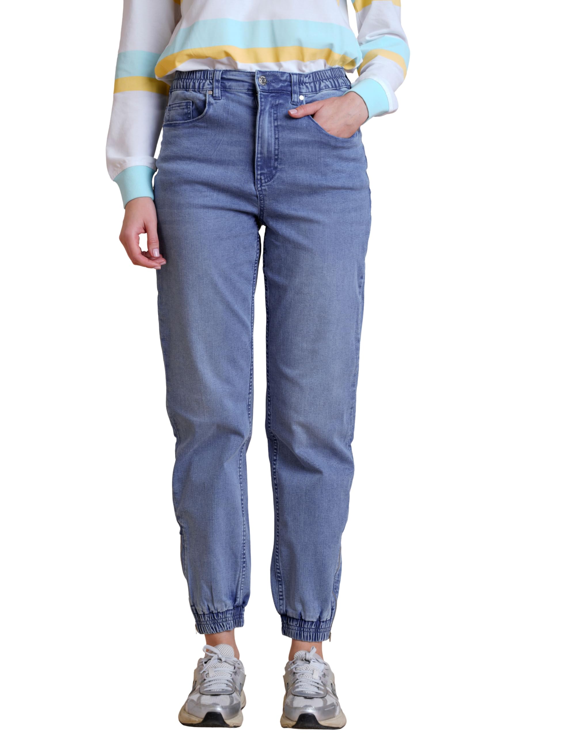Enorsia Women's Blue ’S Mid Zip-Cuff Denim Jogger Pants - 14 - 79% Cotton, 18.8% Polyester, 2.2% Elastane - Mid