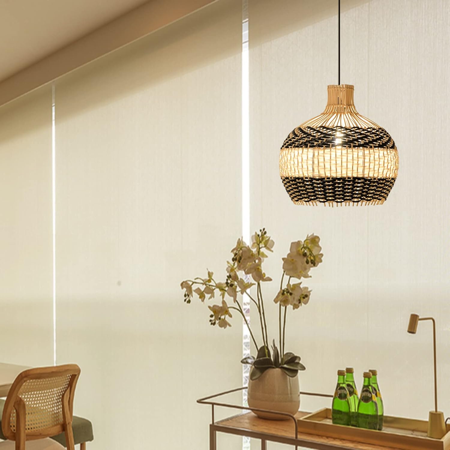 Arturesthome Rattan Pendant Light for Kitchen Island,15.7" Wicker Chandelier, Handmade Woven Hanging Ceiling Light Lampshade for Living Room Bedroom