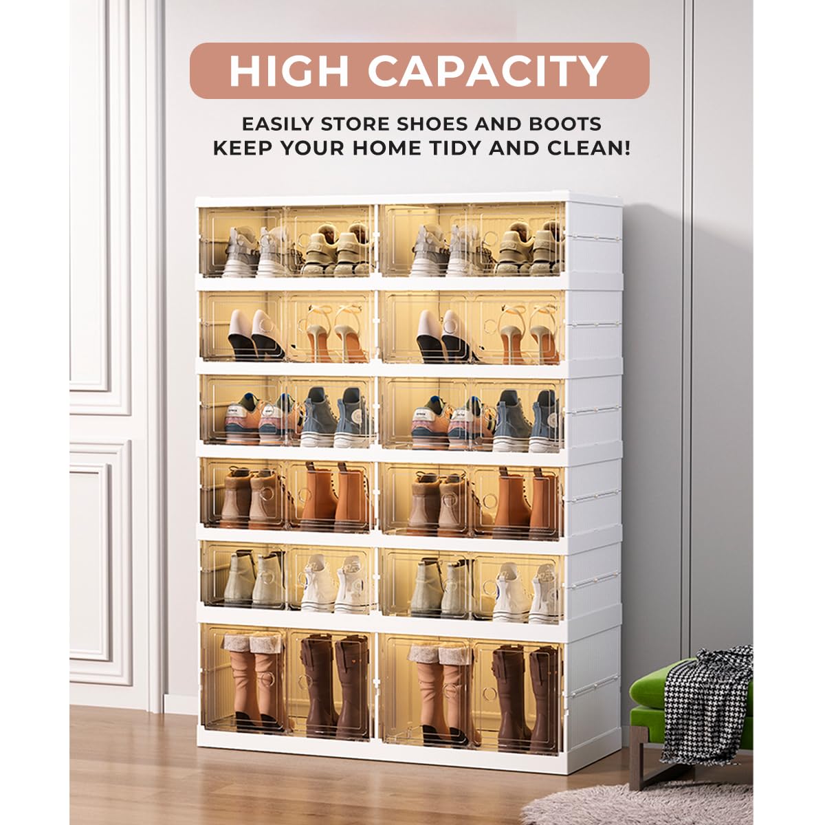 Zapatero Plegable. Organizador de Zapatos de Plástico para Entrada, Armario y Recibidor. Cajas para Zapatos Apilable con 6 Puertas Imantadas. Armario Zapatos. (9Compt)