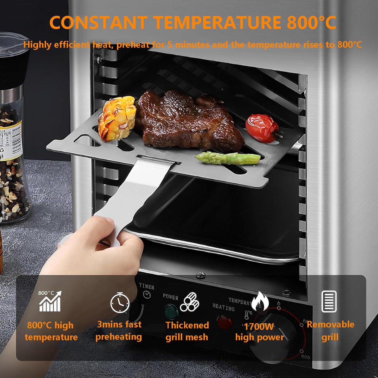 Parrillas eléctricas Teppanyaki, horno comercial para carne, 1700 W/parrilla eléctrica, parrilla para encimera de barbacoa (con 2 guantes, parrilla y bandeja) 4