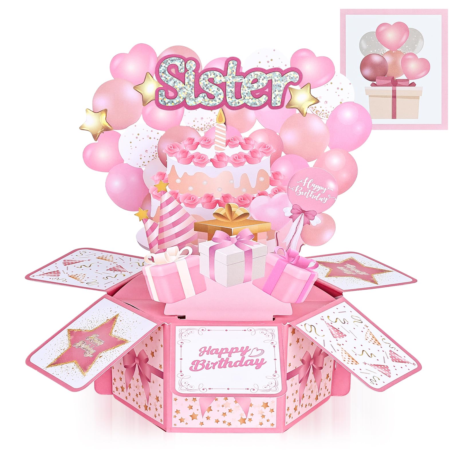 Joyoldelf Sister Birthday Card, 3D Pop Up Happy Birthday Card for Sister, Pink Sweet Cake & Balloon Design, Personalised Gift for Sisters, Includes Envelope & Sticky Note, Keepsake for Her