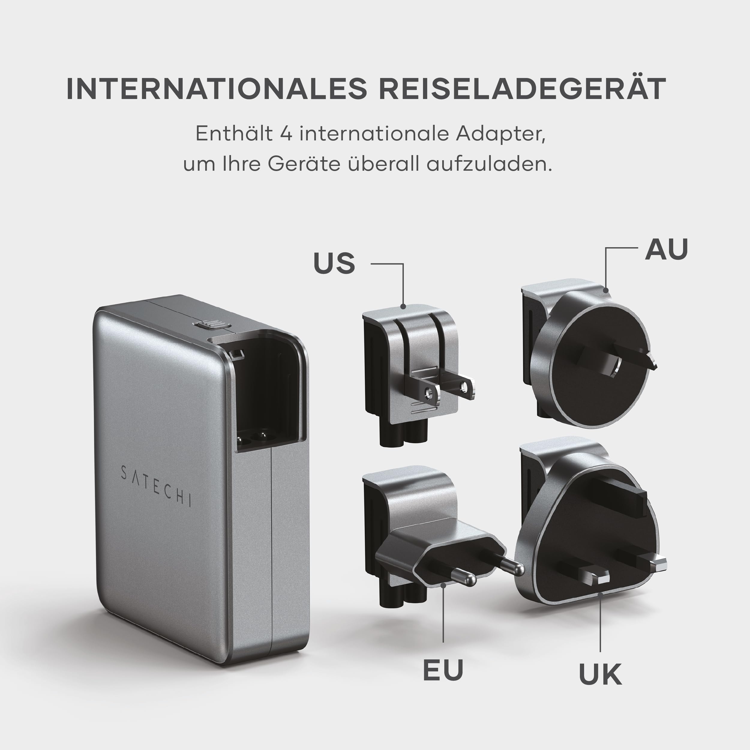 SATECHI 145W GaN Reiseladegerät, 4-Port USB-C Ladegerät, 2 USB-C PD 3.1, Schnellladestation für MacBook Air & Pro M5 M4, iPad Air & Pro M5 M4, iPhone 17, 16, 15 bis 12 Serie, Android, Windows