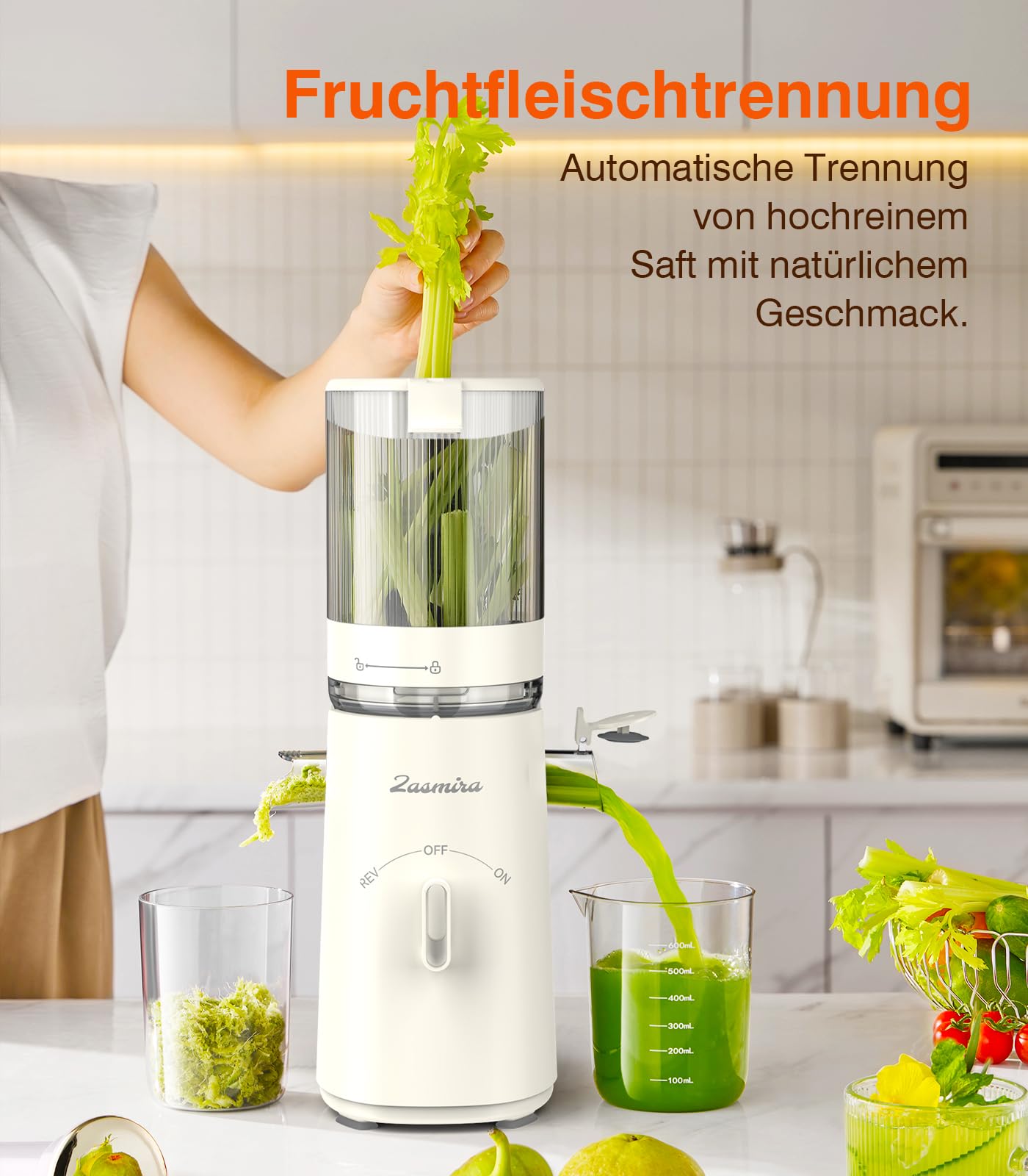 Zasmira Slow Juicer 120MM-Einfüllschacht 99,6% Saftreinheit 1,5L REV-Modus