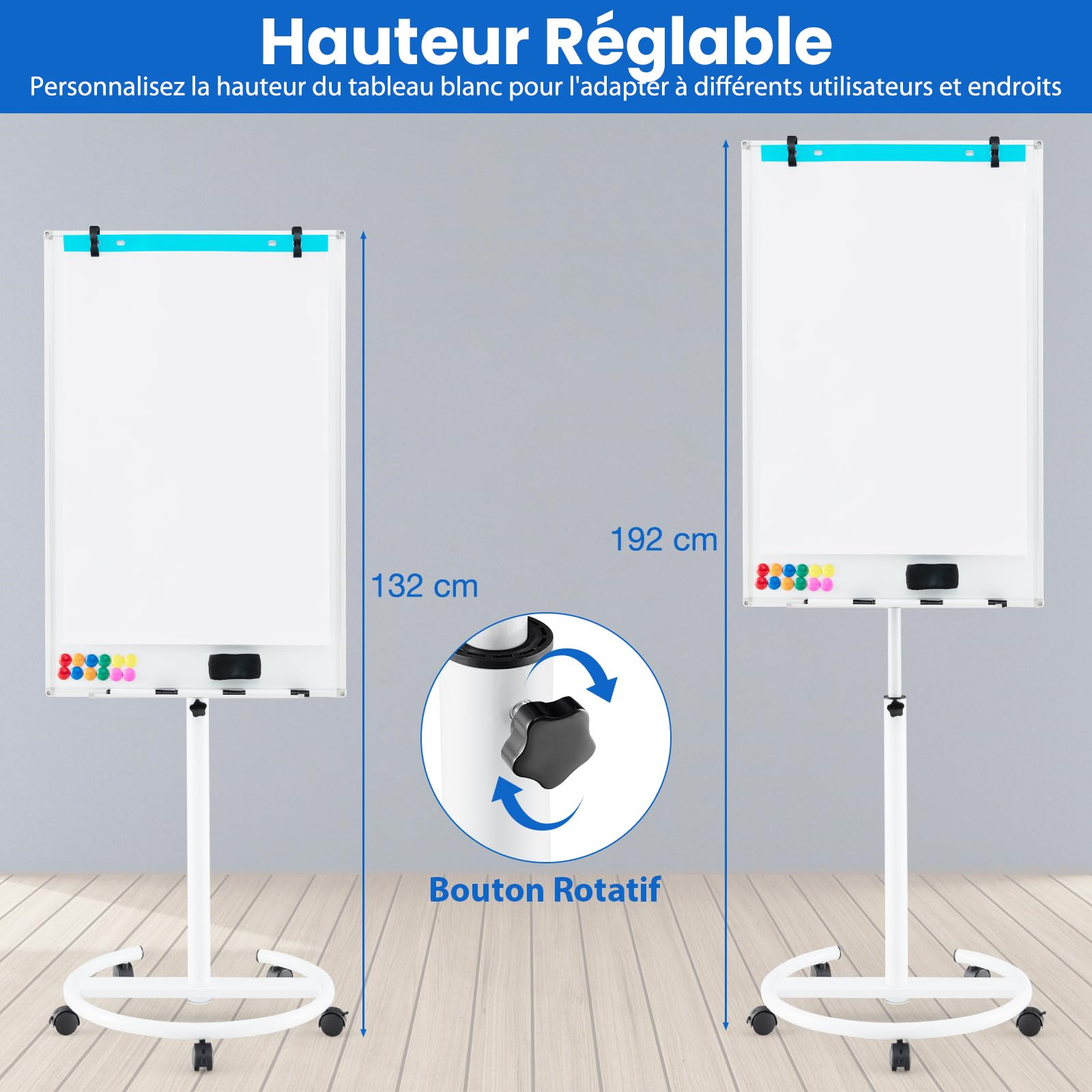 GOPLUS Pizarra blanca móvil magnética con altura ajustable, pizarra blanca giratoria de 360° con 4 ruedas, borrador, imanes, pizarra borradora, para escuela, oficina (blanca|base redonda, 65 x 100 cm)