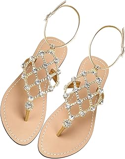 UTIKLIOU Women's Rhinestone Flat Sandals T-Strap Thong Sandals Summer Flat Sandals Flip Flop Sandals for Women
