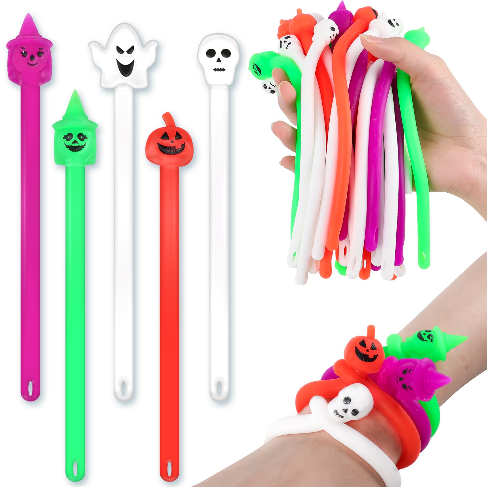 PROTADO 30Pcs Halloween Stretchy Strings, Monkey Noodles Sensory Fidget Toys for Kids & Autistic & ADHD Child, Stress Relief and Cool Fidgets for Adults - Halloween Party Favors Soft Jelly Bracelets