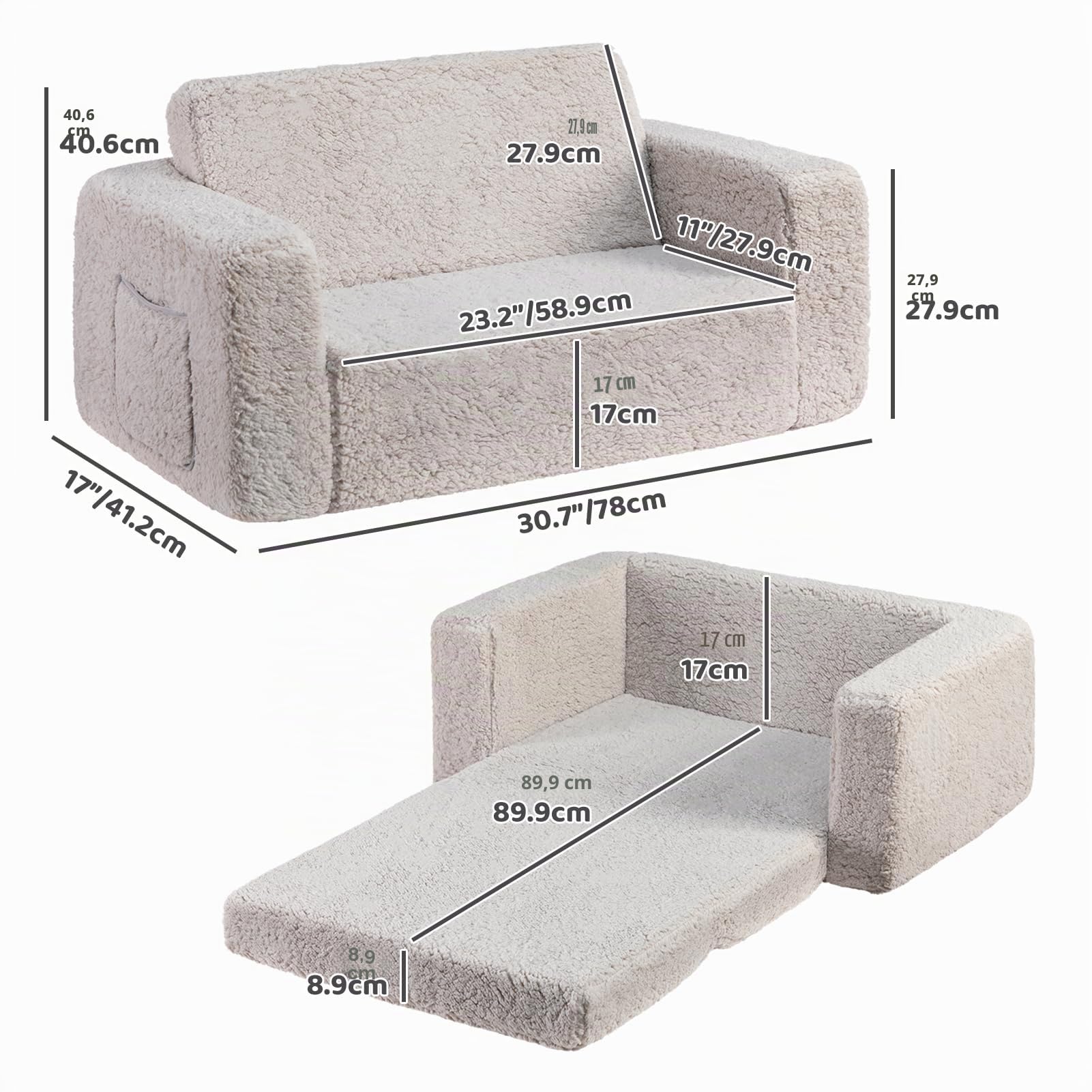 BEJOY Canapé-lit extra large 2 en 1 en Sherpa doux pliable pour tout-petits, lit convertible en chaise longue pour filles et garçons, gris clair