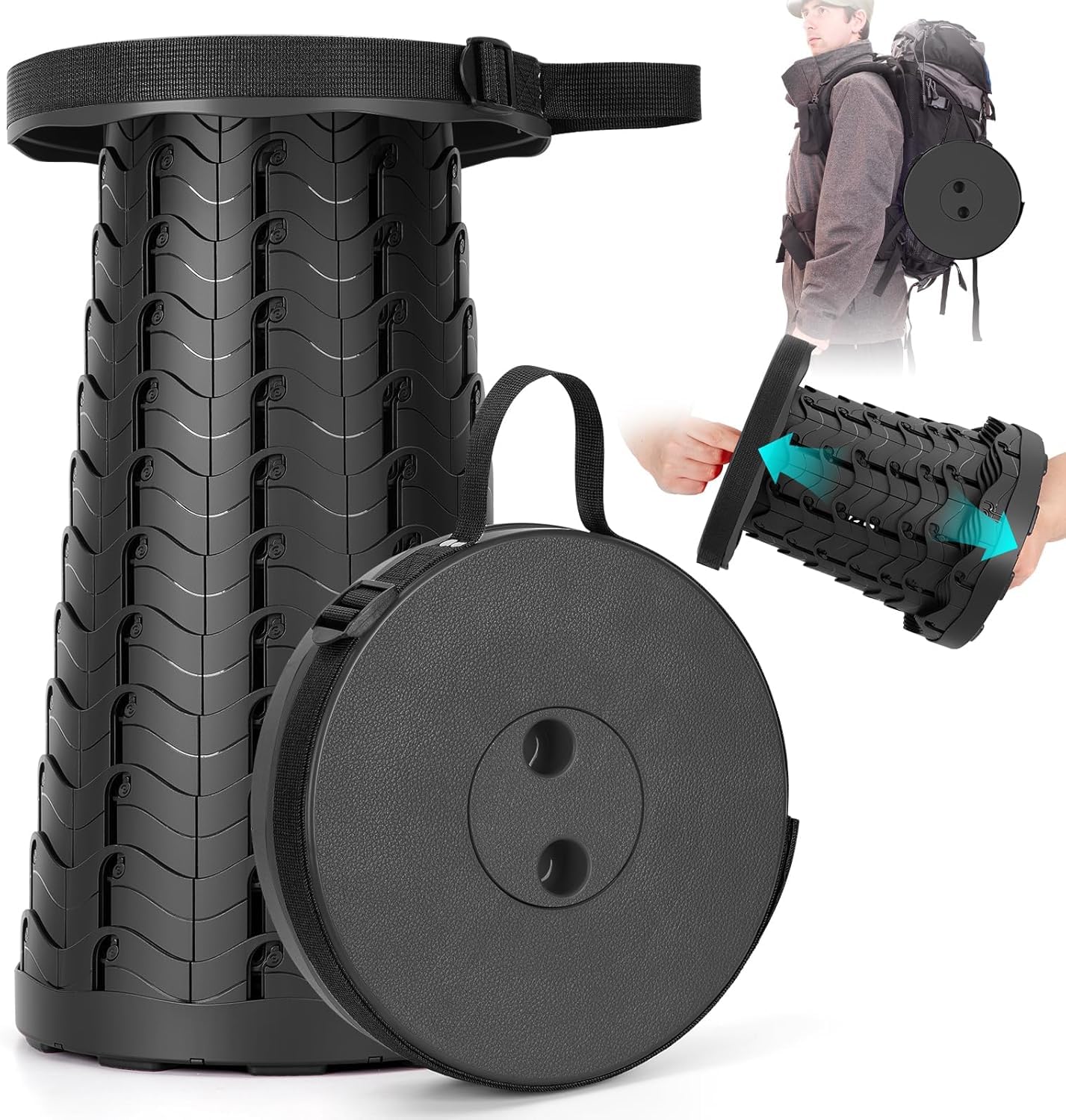 HUIQIHANG Portable Folding Stool, Collapsible Telescopic Folding Stool Heavy Duty, Lightweight, Adjustable Pop Up Plastic Stool for Camping Fishing Hiking BBQ Outdoors Indoors Kitchen Garden (Black)