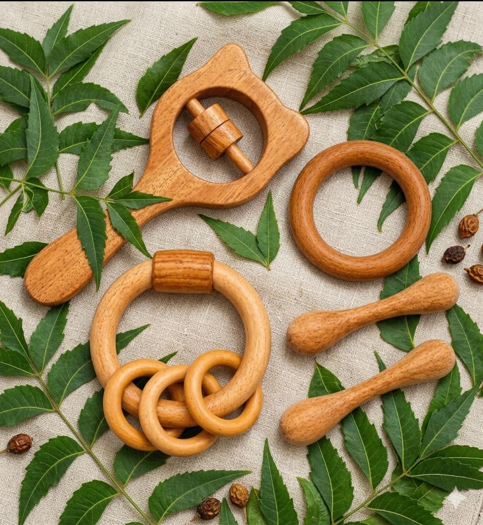 Wooden Neem Teether Set for Babies, Natural Wood, Ring and Rattle Shapes, Infant Chewing Toy-image-38