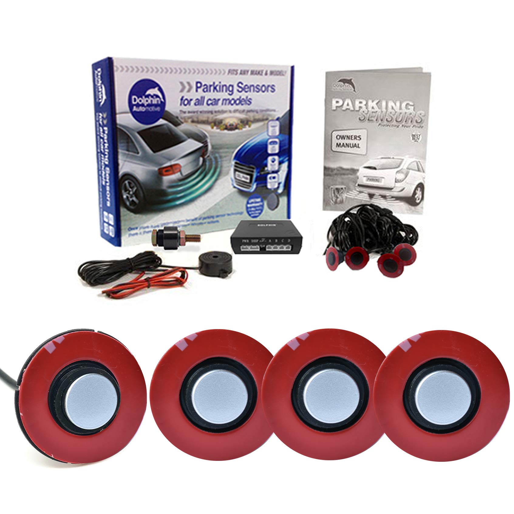 Dolphin Automotive DFM400F - Sensori di parcheggio anteriori con cavi più lunghi, kit di allarme audio con 4 sensori OEM Style con interruttore a bilanciere (argento)