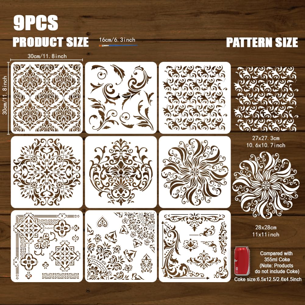FINGERINSPIRE 9 Pcs Damask Painting Stencil with Brush 30x30cm Mandala Flower Drawing Template Flower Corner Border Pattern DIY Decoration Stencil for Painting on Wood Wall Fabric Furniture - Image 2