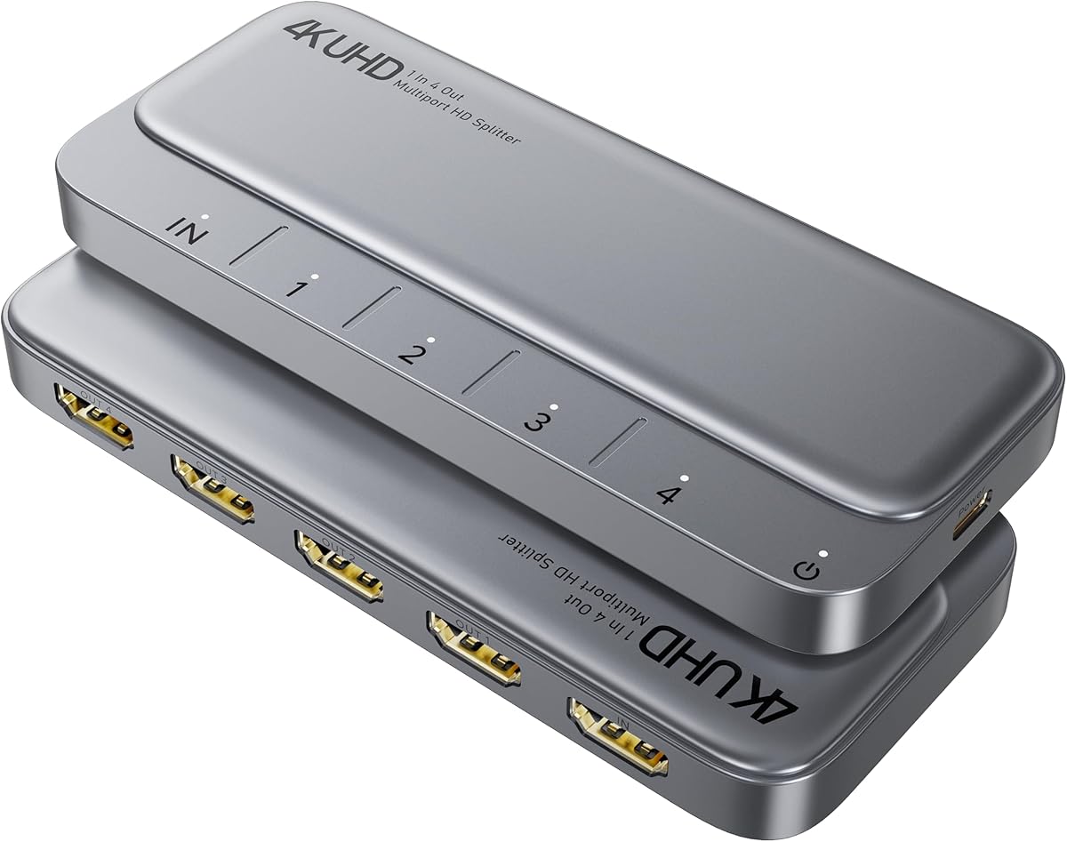HDMI Splitter 1 in 4 Out, WARRKY 4K Power HDMI Splitter 1x4, [Ultra-Thin Design, USB-C Powered, Easy to Set Up] Only Support Mirror/Duplicate Mode, for TV, Projector, Monitor, Set-Top Box, PC, Laptop