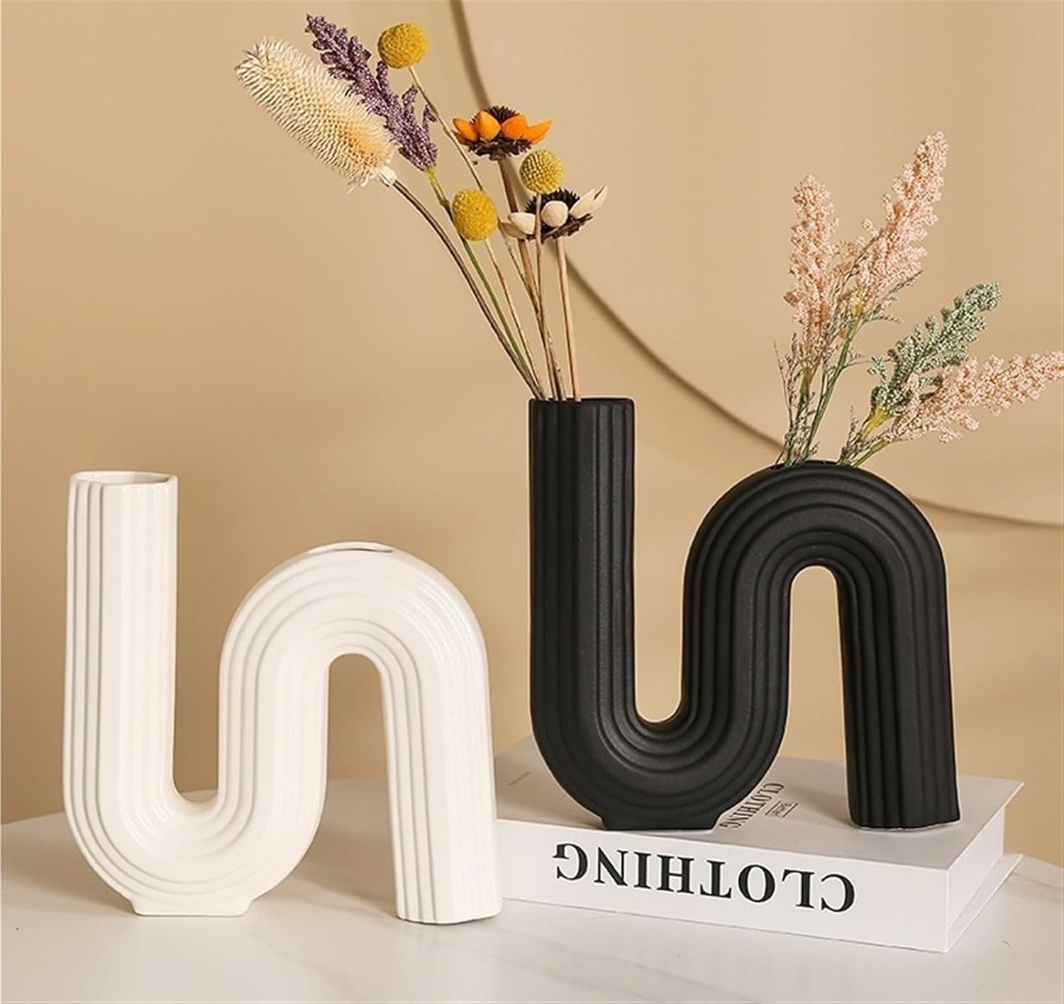 Geometric art ceramic vase, flower arrangement dried flower vase creative letter home soft decoration ornaments(black,7.9"" x 8.2"" x 1.7"")