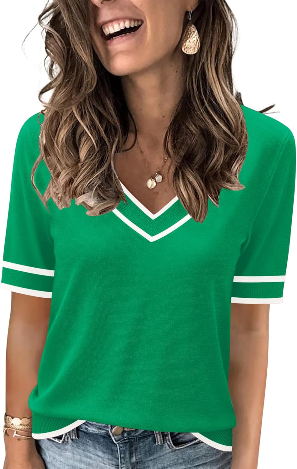 Rapbin Womens Short Sleeve Sweater Summer V Neck Tops Casual Knit Shirts Lightweight Pullover Top