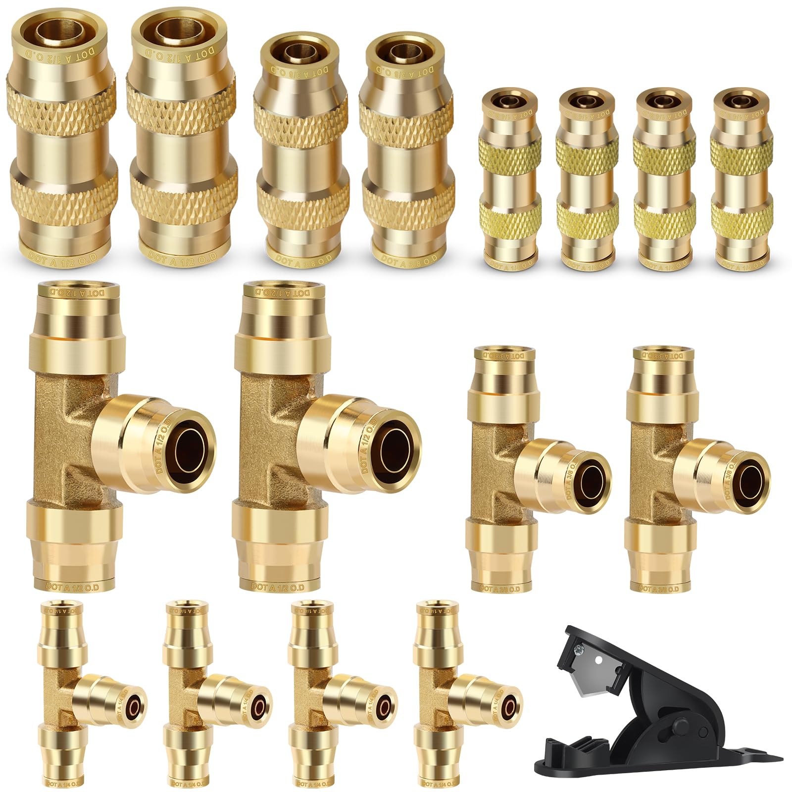 17PCS DOT Brass Air Brake Line Fittings Kit, 1/4" 3/8" 1/2" DOT Brass Push in Connect Straight & Tee Union Fittings Air Hose Fitting Kit for Car Truck