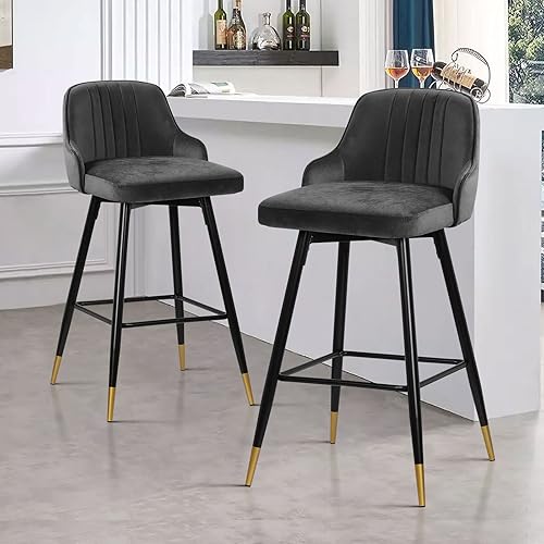 Miniatura 6 de Bekrvio Juego de 2 taburetes de bar, taburetes de bar giratorios de altura de mostrador con respaldo, taburetes de bar tapizados de terciopelo gris,