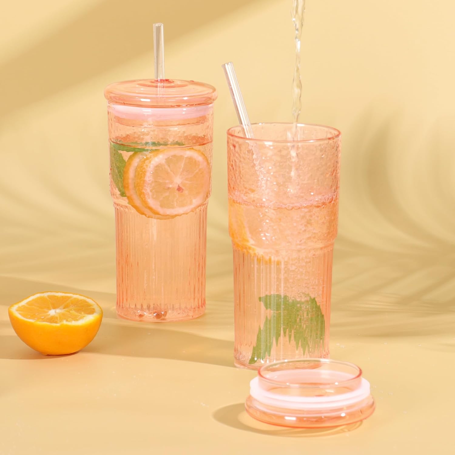 20 OZ Glass Cup with Lids and Glass Straws, High Borosilicate Iced Coffee Glass Tumblers with Lid and Straw for Drinks, 2pcs Reusable Wide Mouth Smoothie Cup(Orange) - Image 4