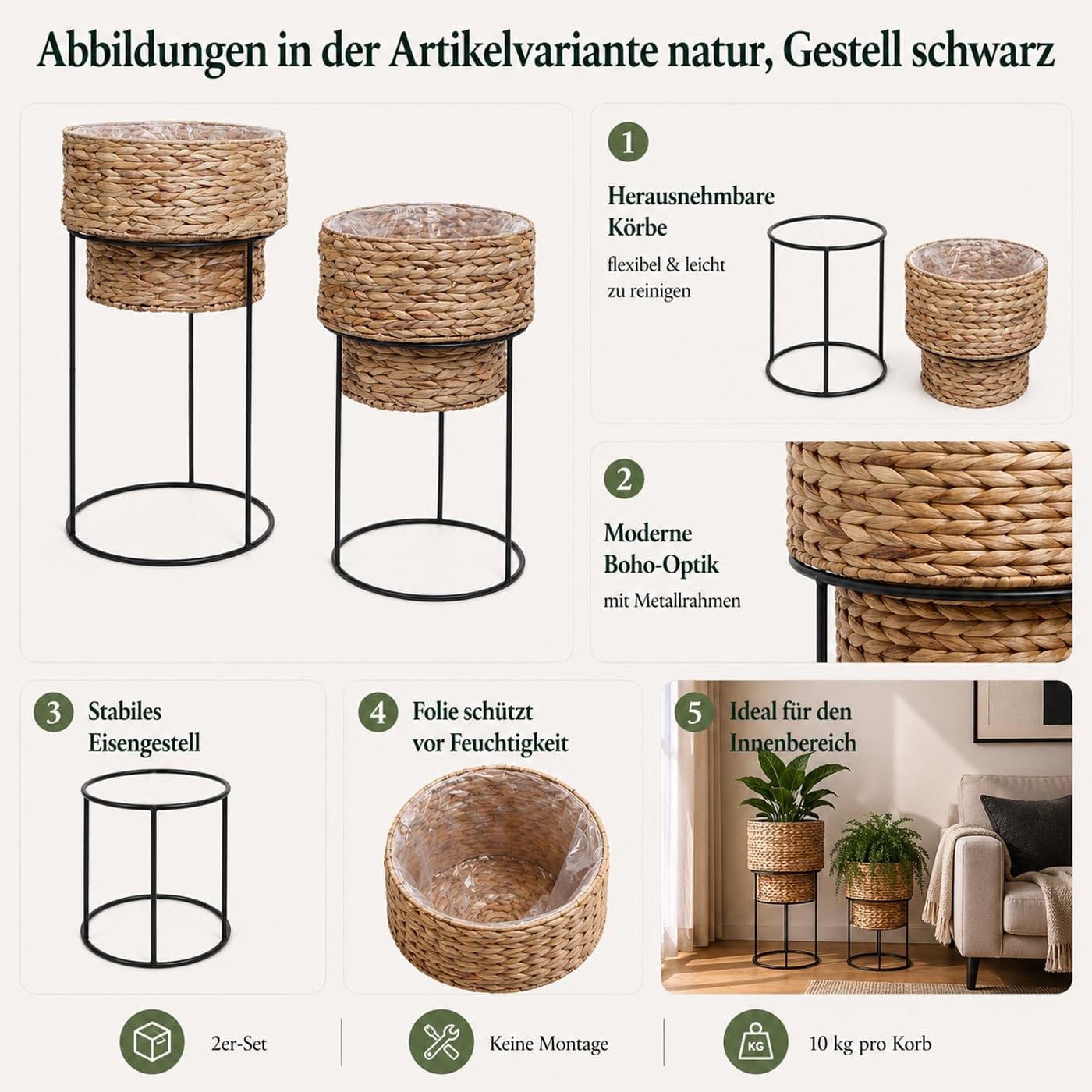 Mendler 2er-Pflanzentopf-Set HWC-Q45 Metall - Natur, Gestell beige | Pflanzkasten, Pflanzkübel, Blumentopf, Wasserhyazinthe