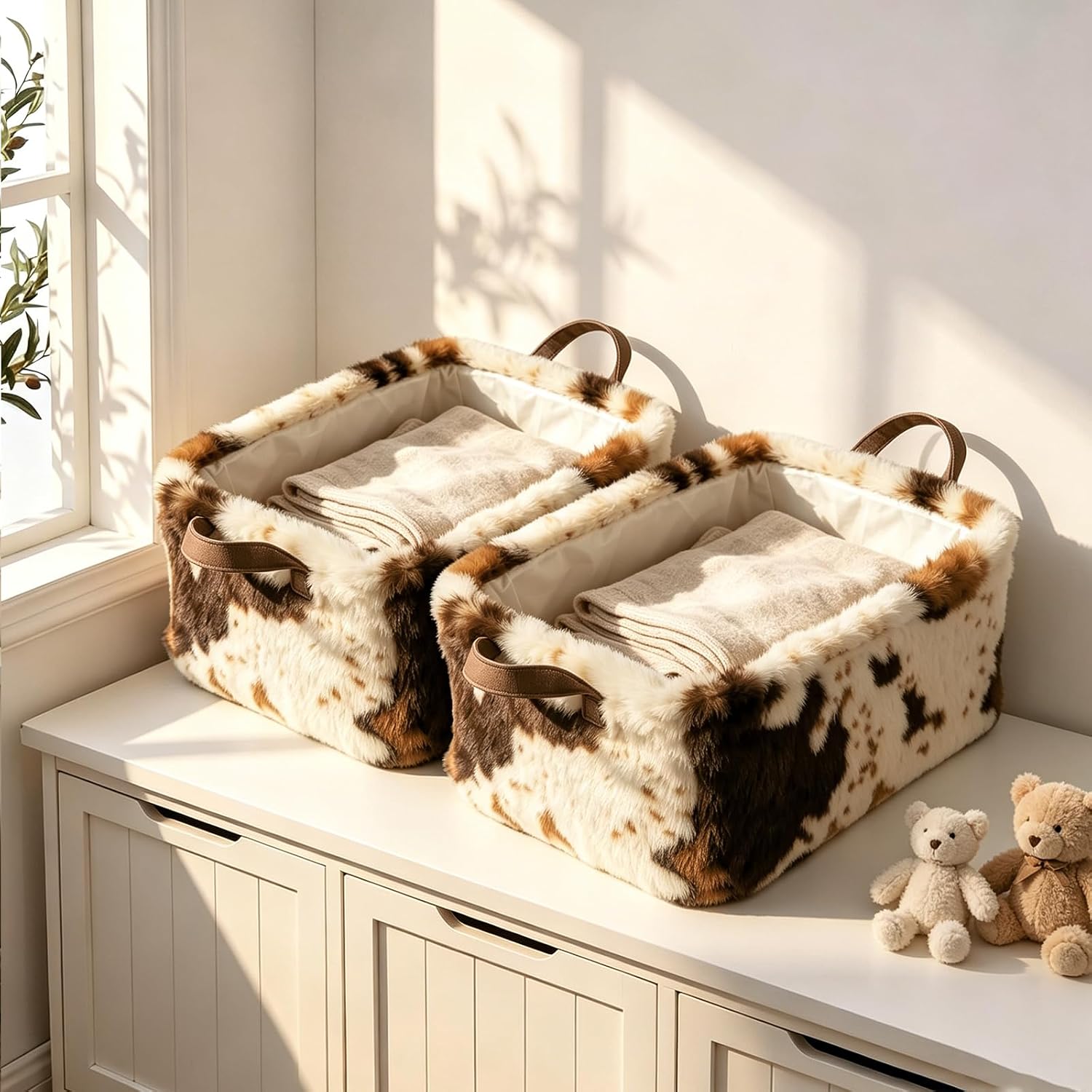 BBSET 2 Pcs Western Cow Print Storage Baskets Artificial Faux Fur Fluffy Fabric Organizer Bins with Handles Foldable Decorative Storage Cubes for Closet Bedroom Dresser Cosmetics Sundries