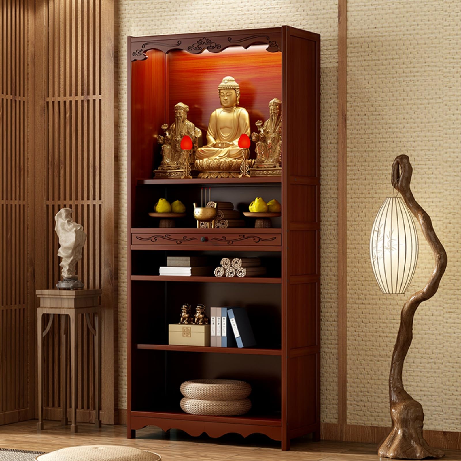 NHPJFDC Meditation Altar Table with Storage Drawer,Chinese Buddhist Shrine Cabinet,Personal Prayer Altar Table,Bamboo Pedestal for Temples and Homes 53cm/20.9in