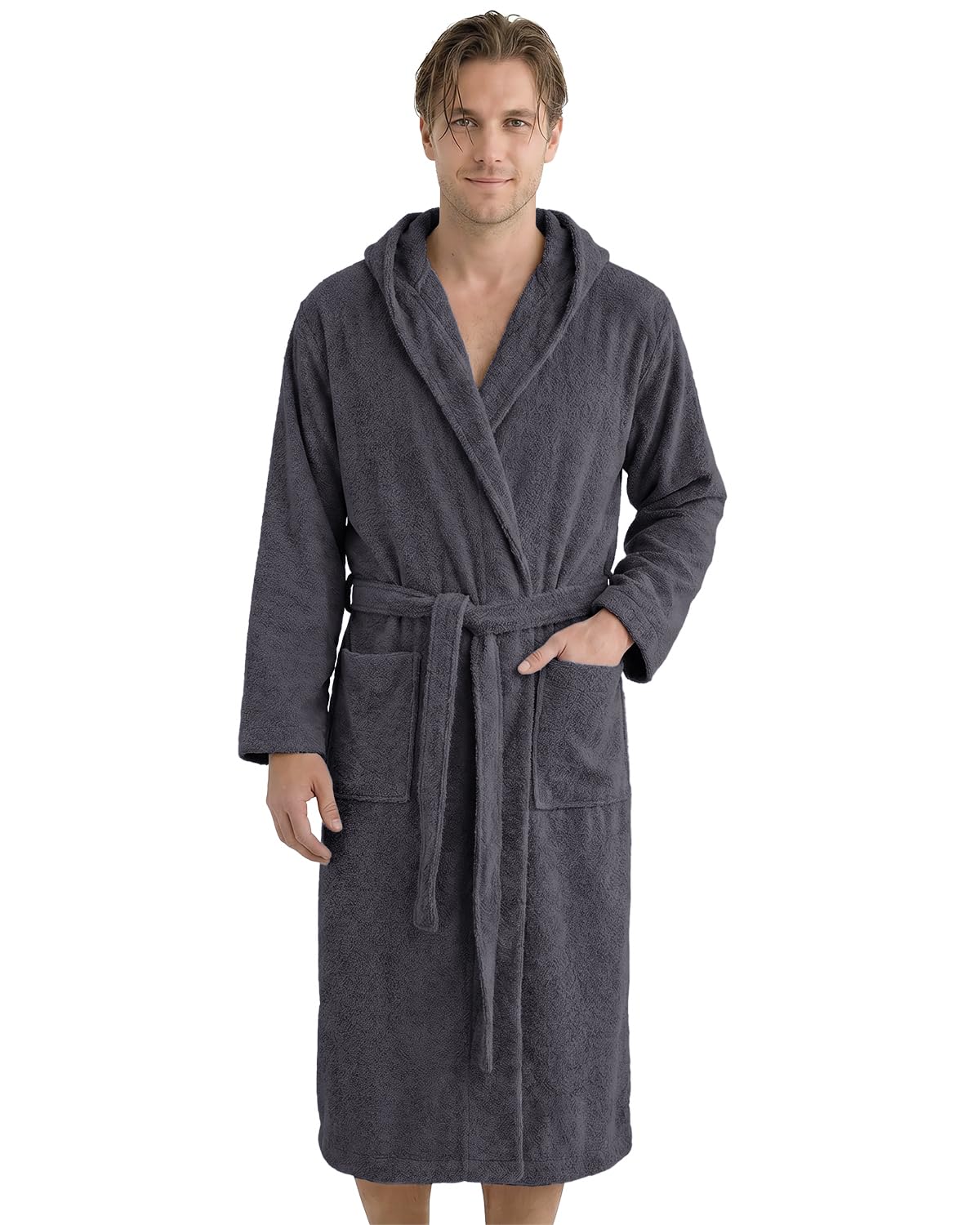 LAYNENBURG Bademantel Herren Frottee aus 100% Baumwolle - OEKO TEX Standard - weicher Morgenmantel waden-lang mit Kapuze, Bindegürtel und aufgesetzten Taschen - Ideal für Sauna & Zuhause (M-XXXL)