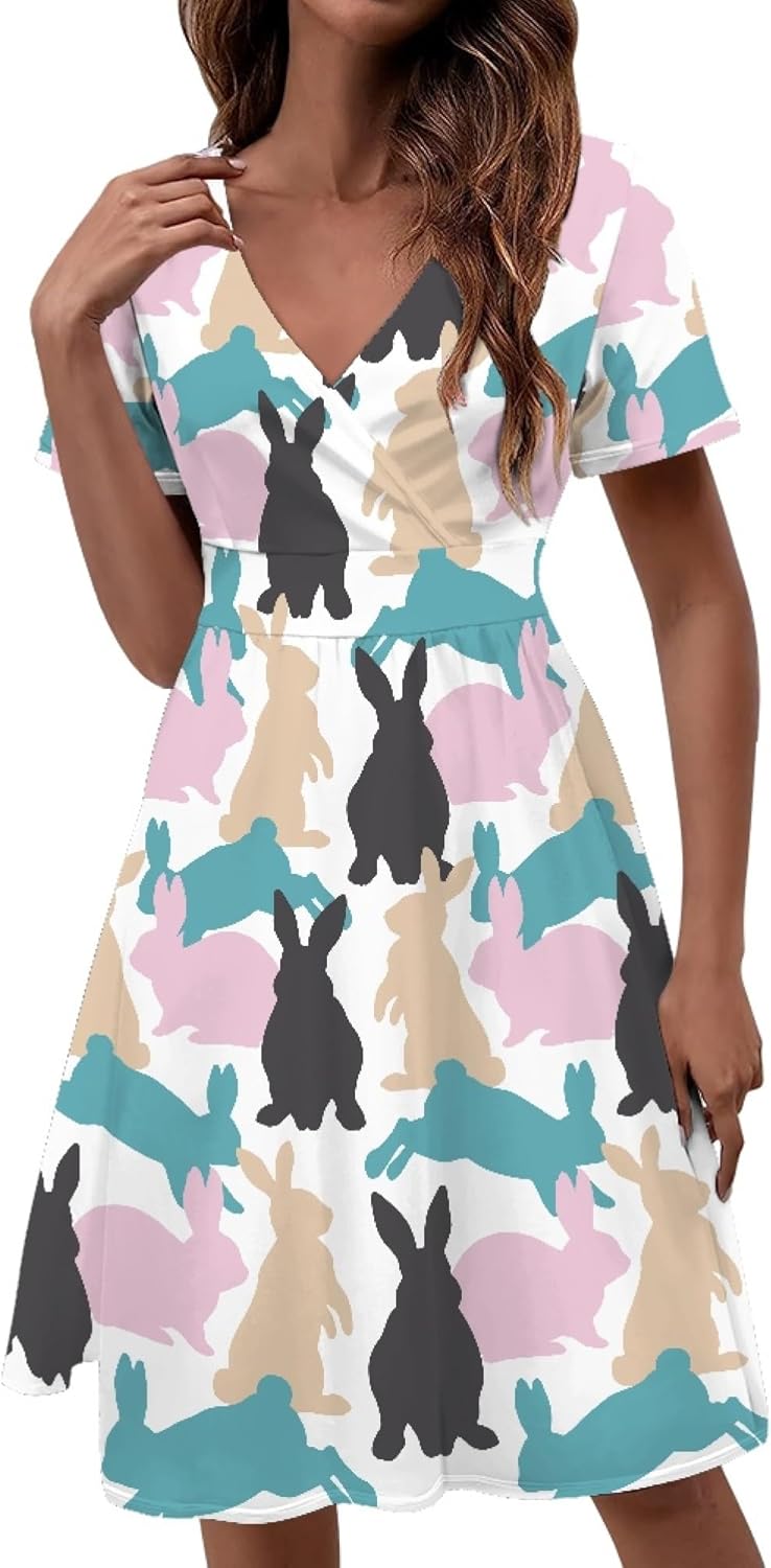 Easter Dress for Women 2025 Floral Print Short Sleeve V Neck A Line Empire Waist Casual Fashion Mini Dress