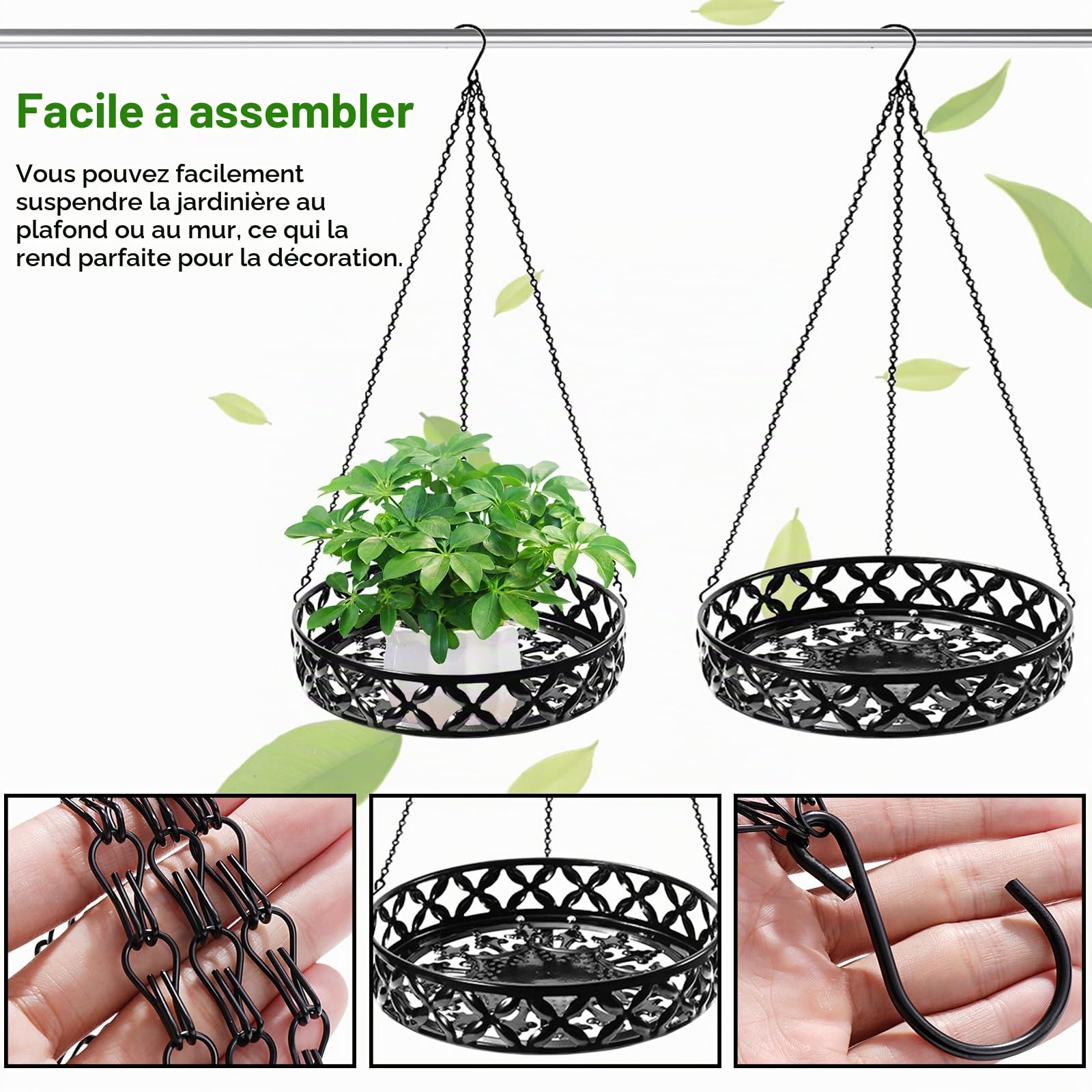 Jardinières Suspendues En Métal Noir,Panier De Fleurs À Suspendre En Métal Avec Crochet De Plafond,Chaîne De Suspension,Pots De Fleurs À Suspendre,Pot De Décoration A Suspendre Pour Plantes(22Cm,25Cm)