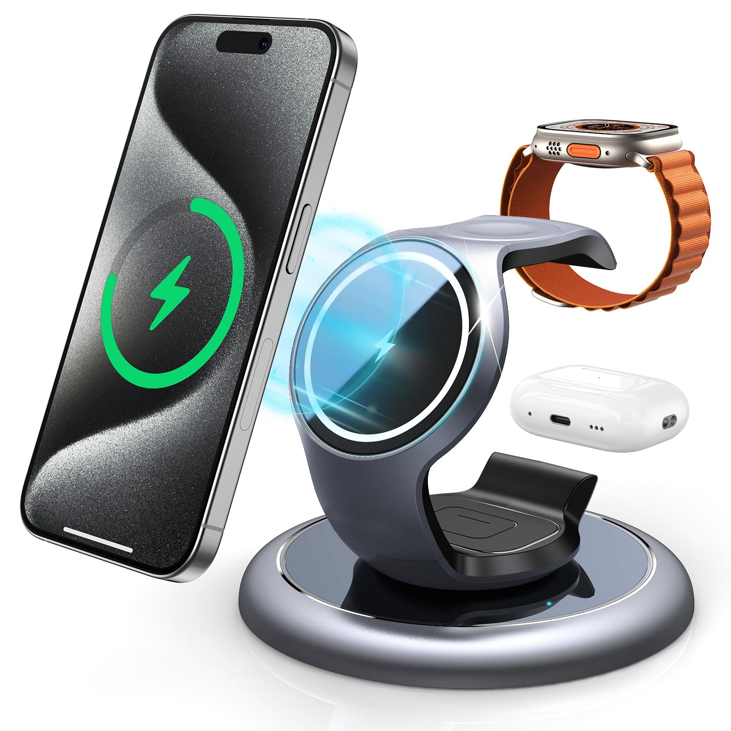 EXW Caricabatterie wireless per iPhone 17 Pro Max, Qi 15 W, stazione di ricarica magnetica 3 in 1 con adattatore cavo PD da 20 W, compatibile con Apple iPhone Watch Airpods