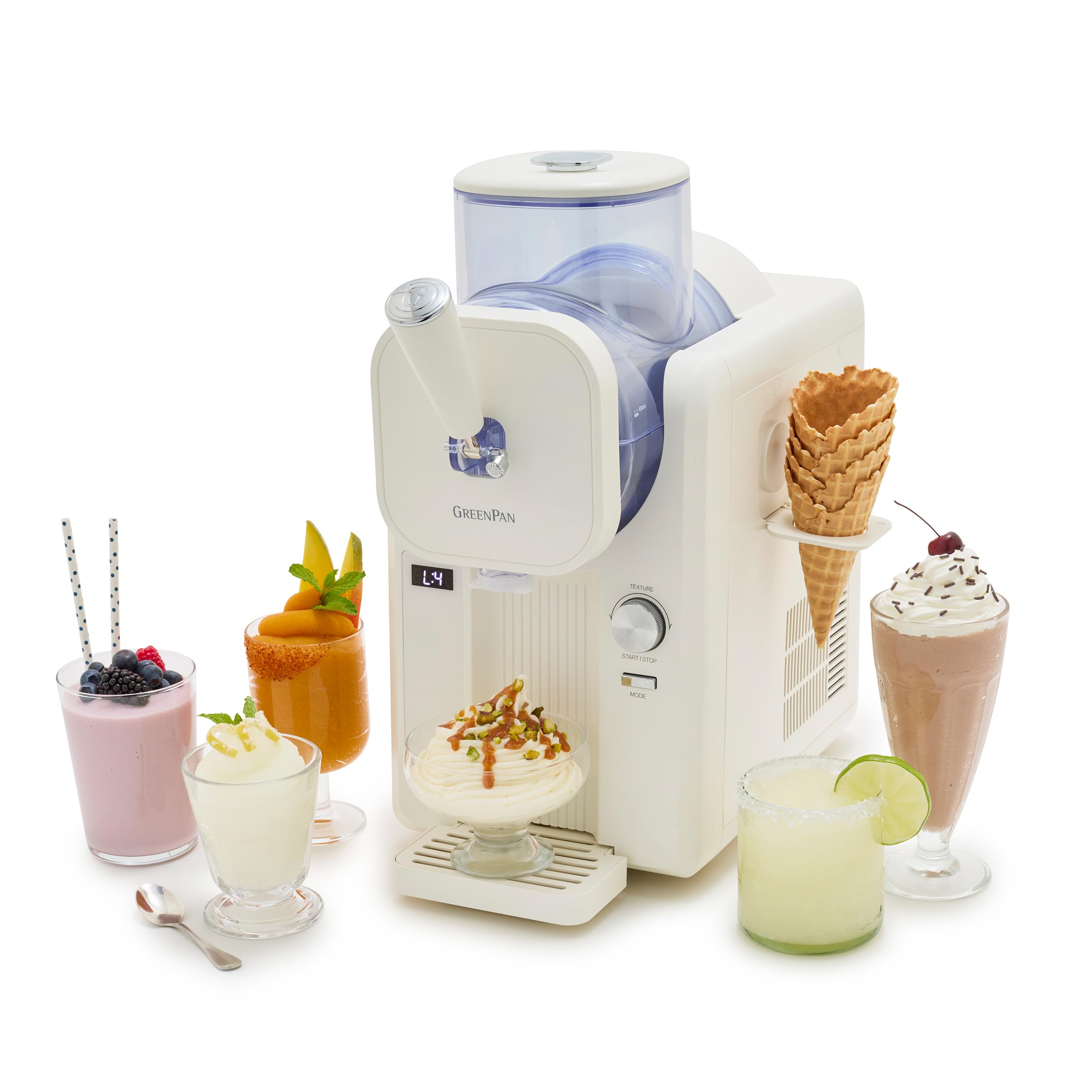 GreenPan Frost Eismaschine & Slushie-Maschine, Softeis, Sorbet, Margaritas, Milchshakes, Gefrorener Joghurt, Kein Vorfrieren, Fertig in 15 Minuten, 6 Modi,7 Texturen,Selbstreinigend,Familiengröße,Weiß