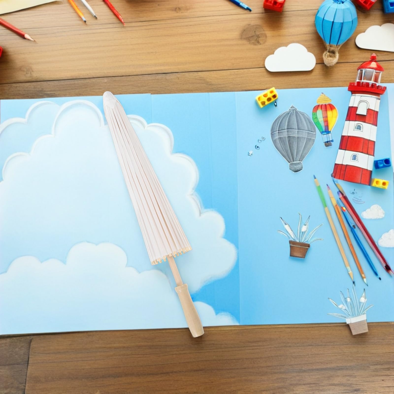LOGOFUN Hand Painted Blank Paper Umbrella Natural Wood Frame Umbrella Prop for DIY Crafts Wedding Party Decoration Making Supplies - 60cm