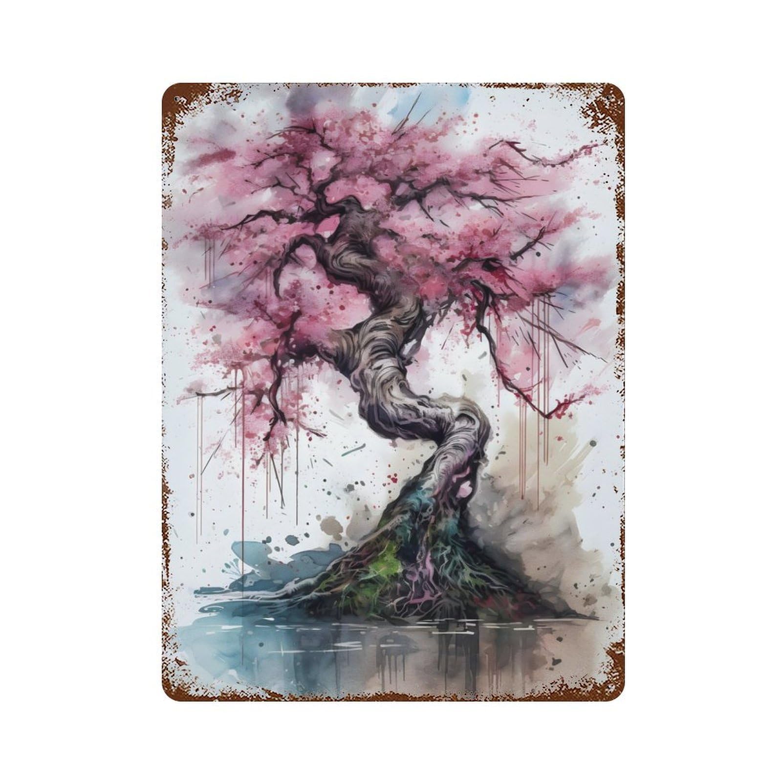Pink Cherry Blossoms Aged Metal Wall Plaque 15.7"x11.8", for Living Room, Hallway And Home Decor, Shabby Chic Decor