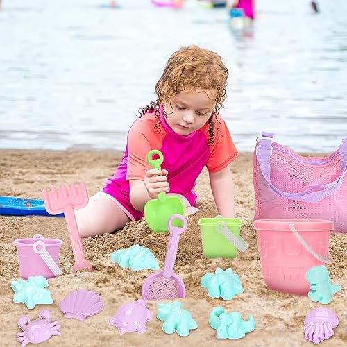 Miniatura 9 de Tagitary Juego de juguetes de playa de arena para niños de 3 a 10 años y bolsa de playa de malla con cremallera, bolsa de playa grande con 8